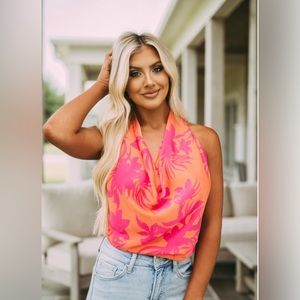 palm printed cowl neck top